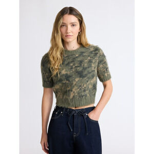 Scoop Women’s Fluffy Sweater XS (0-2) With Short Sleeves Color Olive Camouflage